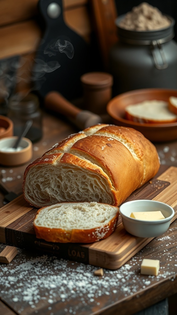 A golden crusted loaf of homemade bread sliced on a cutting board, with butter and baking tools in a rustic kitchen.